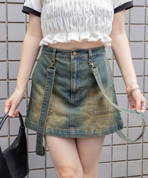 WEGO（ウィゴー）の「WEGO/ヴィンテージウォッシュサス付スカパン（スカート・レディース・ブルー系1/ブラック/その他1・FREE）」の2枚目の写真