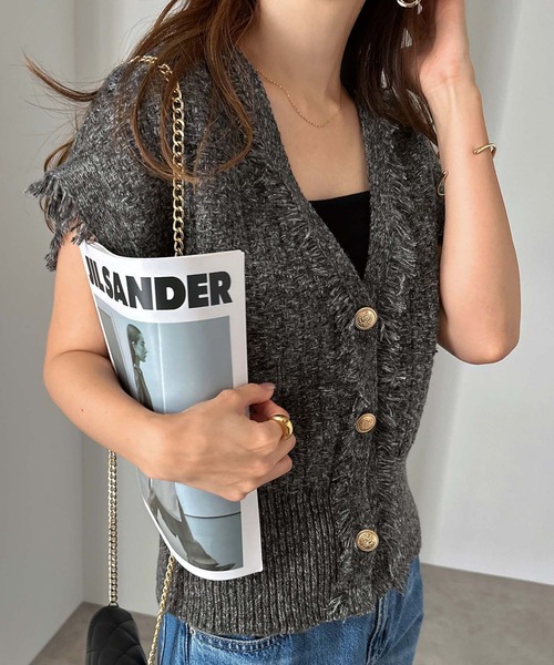 セール】ツイードVネック金ボタンフリンジニットベスト（ベスト