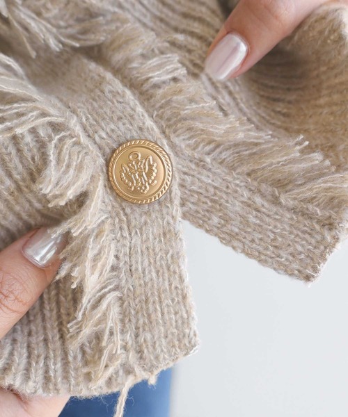 セール】ツイードVネック金ボタンフリンジニットベスト（ベスト