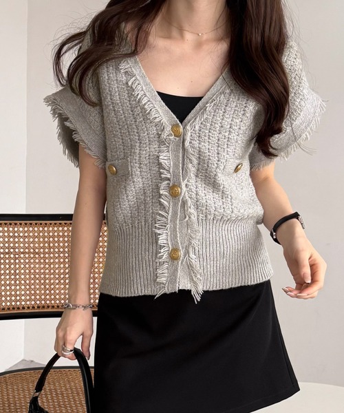 セール】ツイードVネック金ボタンフリンジニットベスト（ベスト