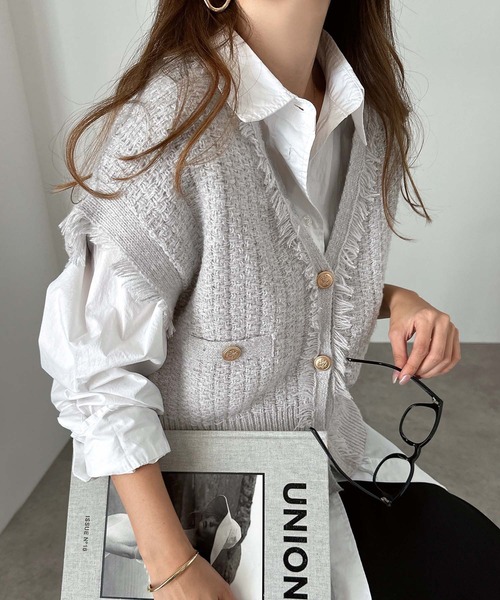 セール】ツイードVネック金ボタンフリンジニットベスト（ベスト