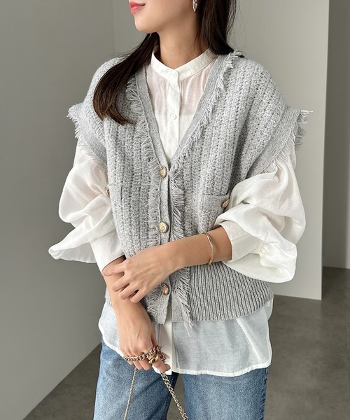 ★美品★BALLSEY ツイードベスト 金ボタン ノースリーブ ニット切替 36 ☆美品☆BALLSEY ツイードベスト 金ボタン ノースリーブ ニット切替 36