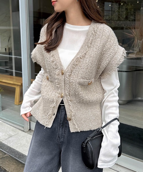 セール】ツイードVネック金ボタンフリンジニットベスト（ベスト