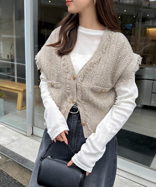 セール】ツイードVネック金ボタンフリンジニットベスト（ベスト