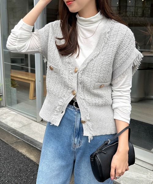 セール】ツイードVネック金ボタンフリンジニットベスト（ベスト