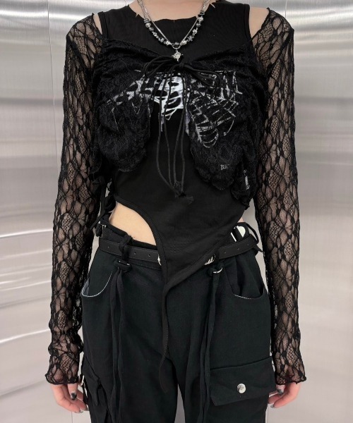 Never mind the XU / Chikashitsu+(ネバーマインド ザ エックスユー / チカシツプラス)の「韓国ファッション nmtc + エヌエムティーシープラス lace ribbon cardigan レースリボンカーディガン シースルートップス リボントップス 長袖カーディガン クロップカーディガン レーストップス バレエコア Y2K 韓国 ストリート ストリートファッション(カーディガン/ボレロ・レディース・ホワイト/ブラック・ONE SIZE)」の16枚目の写真