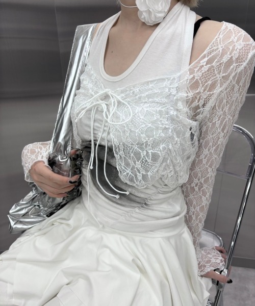 Never mind the XU / Chikashitsu+(ネバーマインド ザ エックスユー / チカシツプラス)の「韓国ファッション nmtc + エヌエムティーシープラス lace ribbon cardigan レースリボンカーディガン シースルートップス リボントップス 長袖カーディガン クロップカーディガン レーストップス バレエコア Y2K 韓国 ストリート ストリートファッション(カーディガン/ボレロ・レディース・ホワイト/ブラック・ONE SIZE)」の12枚目の写真