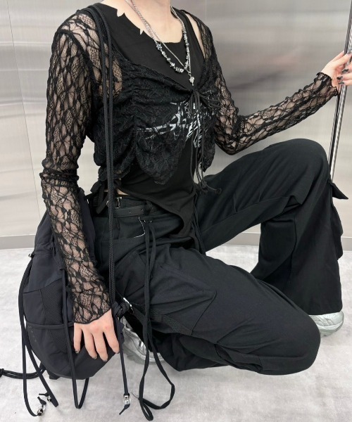 Never mind the XU / Chikashitsu+(ネバーマインド ザ エックスユー / チカシツプラス)の「韓国ファッション nmtc + エヌエムティーシープラス lace ribbon cardigan レースリボンカーディガン シースルートップス リボントップス 長袖カーディガン クロップカーディガン レーストップス バレエコア Y2K 韓国 ストリート ストリートファッション(カーディガン/ボレロ・レディース・ホワイト/ブラック・ONE SIZE)」の15枚目の写真