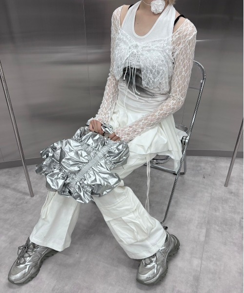 Never mind the XU / Chikashitsu+(ネバーマインド ザ エックスユー / チカシツプラス)の「韓国ファッション nmtc + エヌエムティーシープラス lace ribbon cardigan レースリボンカーディガン シースルートップス リボントップス 長袖カーディガン クロップカーディガン レーストップス バレエコア Y2K 韓国 ストリート ストリートファッション(カーディガン/ボレロ・レディース・ホワイト/ブラック・ONE SIZE)」の6枚目の写真