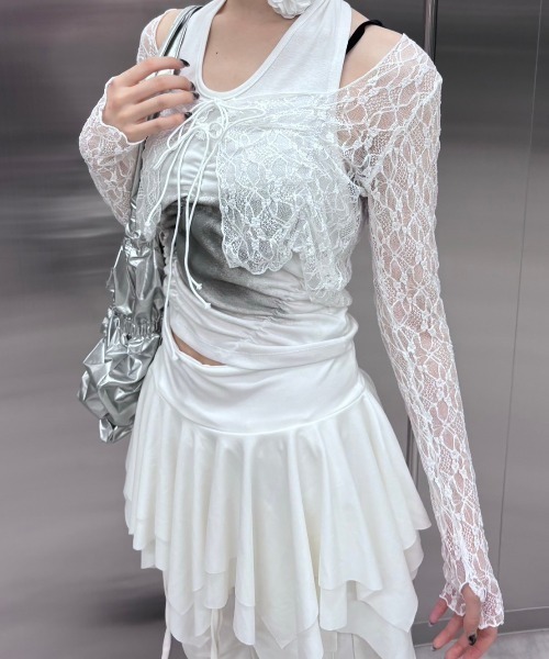 Never mind the XU / Chikashitsu+(ネバーマインド ザ エックスユー / チカシツプラス)の「韓国ファッション nmtc + エヌエムティーシープラス lace ribbon cardigan レースリボンカーディガン シースルートップス リボントップス 長袖カーディガン クロップカーディガン レーストップス バレエコア Y2K 韓国 ストリート ストリートファッション(カーディガン/ボレロ・レディース・ホワイト/ブラック・ONE SIZE)」の9枚目の写真