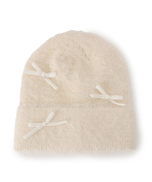 SHOO・LA・RUE(シューラルー)の「◆リボン付きシャギーニット帽(ニットキャップ/ビーニー・レディース・ベージュ/ダークグレー/ブラック・00)」の4枚目の写真