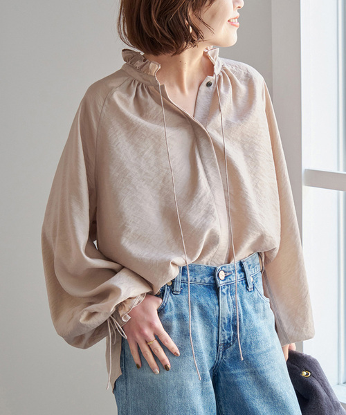 美品　2025年モデル　スピックアンドスパン　ハイブリットフリルリボンブラウス ハイブリットフリルリボンブラウス | スピック＆スパン(Spick