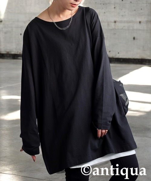 antiqua(アンティカ)の「ベーシックロングTシャツ(Tシャツ/カットソー・レディース・ブラック/ホワイト/ダークグレー/ブルー/グリーン・M/L/XL)」の2枚目の写真