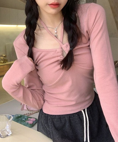 SHEPP（シープ）の「フロントホルターネックコンパクトリボントップス（Tシャツ/カットソー・レディース・ピンク/ブラック/ホワイト・M/L/S）」の10枚目の写真