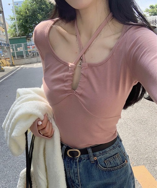 SHEPP（シープ）の「フロントホルターネックコンパクトリボントップス（Tシャツ/カットソー・レディース・ピンク/ブラック/ホワイト・M/L/S）」の12枚目の写真