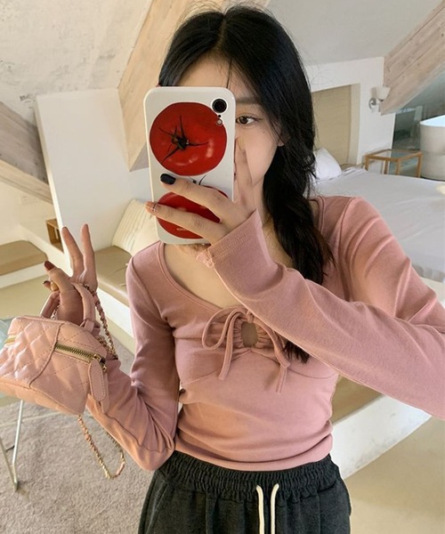 SHEPP（シープ）の「フロントホルターネックコンパクトリボントップス（Tシャツ/カットソー・レディース・ピンク/ブラック/ホワイト・M/L/S）」の13枚目の写真
