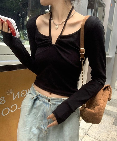 SHEPP（シープ）の「フロントホルターネックコンパクトリボントップス（Tシャツ/カットソー・レディース・ピンク/ブラック/ホワイト・M/L/S）」の15枚目の写真