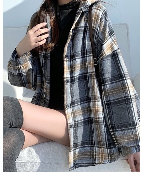FUNdaysion（ファンデイション）の「ボリュームスリーブ起毛チェックシャツ（シャツ/ブラウス・レディース・ピンク/ブラック×ホワイト/グレー系その他/キャメル/グリーン系その他/オレンジ系その他/オレンジ系その他2・M）」の14枚目の写真