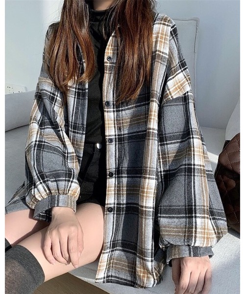 FUNdaysion（ファンデイション）の「ボリュームスリーブ起毛チェックシャツ（シャツ/ブラウス・レディース・ピンク/ブラック×ホワイト/グレー系その他/キャメル/グリーン系その他/オレンジ系その他/オレンジ系その他2・M）」の15枚目の写真