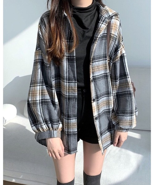 FUNdaysion（ファンデイション）の「ボリュームスリーブ起毛チェックシャツ（シャツ/ブラウス・レディース・ピンク/ブラック×ホワイト/グレー系その他/キャメル/グリーン系その他/オレンジ系その他/オレンジ系その他2・M）」の16枚目の写真