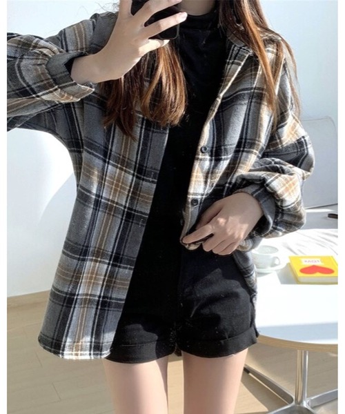 FUNdaysion（ファンデイション）の「ボリュームスリーブ起毛チェックシャツ（シャツ/ブラウス・レディース・ピンク/ブラック×ホワイト/グレー系その他/キャメル/グリーン系その他/オレンジ系その他/オレンジ系その他2・M）」の18枚目の写真