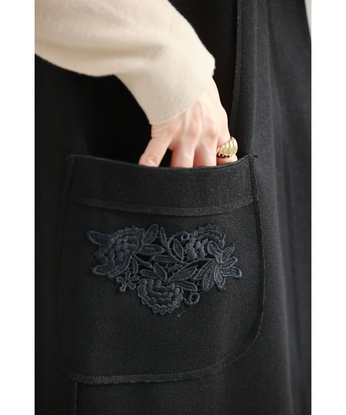 （黒）エレガントなレース装飾のフード付きロングジレベスト（ベスト）｜CAWAII（カワイイ）