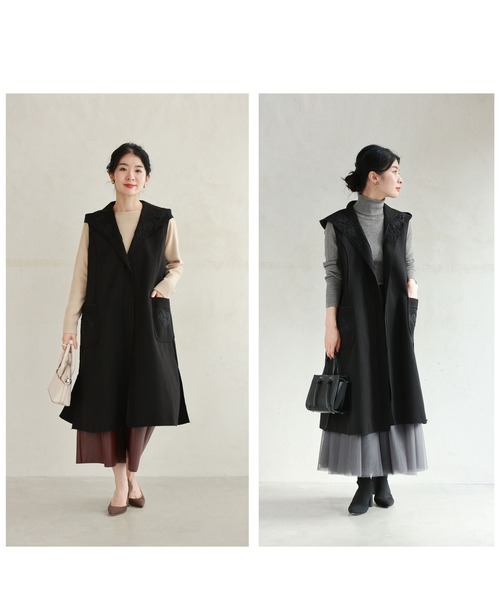 （黒）エレガントなレース装飾のフード付きロングジレベスト（ベスト）｜CAWAII（カワイイ）