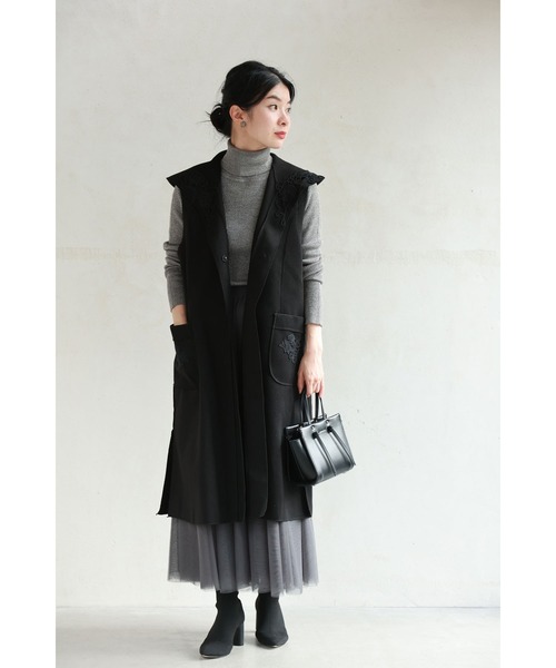 （黒）エレガントなレース装飾のフード付きロングジレベスト（ベスト）｜CAWAII（カワイイ）