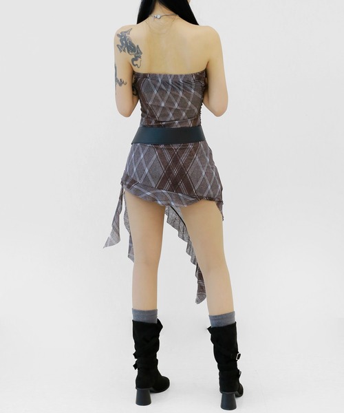 minsobi（ミンソビ）の「アシンメトリーシースルーチェックワンピース（ワンピース・レディース・チャコール/ワイン・FREE）」の21枚目の写真