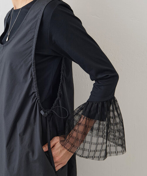 BEARDSLEY（ビアズリー）の「チェックチュールスリーブTシャツ（Tシャツ/カットソー・レディース・ホワイト/ブラック・FREE）」の2枚目の写真