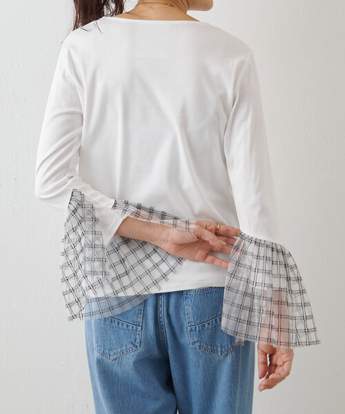 BEARDSLEY（ビアズリー）の「チェックチュールスリーブTシャツ（Tシャツ/カットソー・レディース・ホワイト/ブラック・FREE）」の15枚目の写真