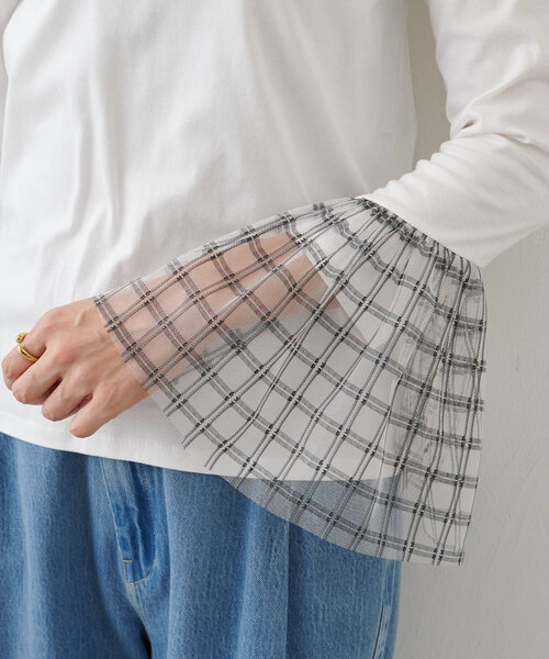 BEARDSLEY（ビアズリー）の「チェックチュールスリーブTシャツ（Tシャツ/カットソー・レディース・ホワイト/ブラック・FREE）」の13枚目の写真