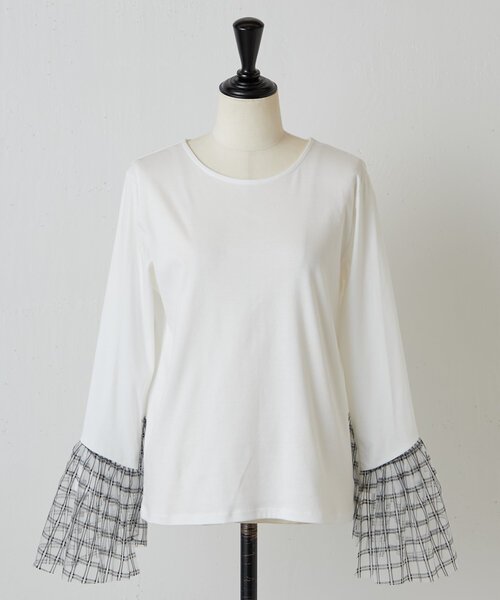 BEARDSLEY（ビアズリー）の「チェックチュールスリーブTシャツ（Tシャツ/カットソー・レディース・ホワイト/ブラック・FREE）」の9枚目の写真