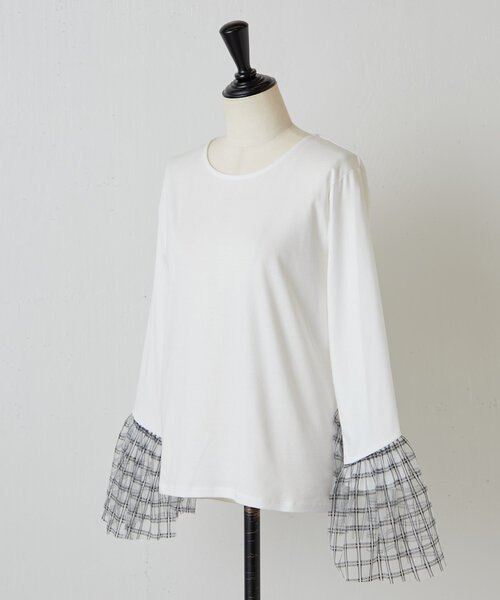 BEARDSLEY（ビアズリー）の「チェックチュールスリーブTシャツ（Tシャツ/カットソー・レディース・ホワイト/ブラック・FREE）」の8枚目の写真