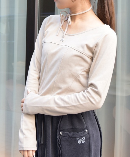 axes femme（アクシーズファム）の「チョーカー付コルセット風プルオーバー（Tシャツ/カットソー・レディース・チャコール/ベージュ/ブラック・FREE）」の5枚目の写真