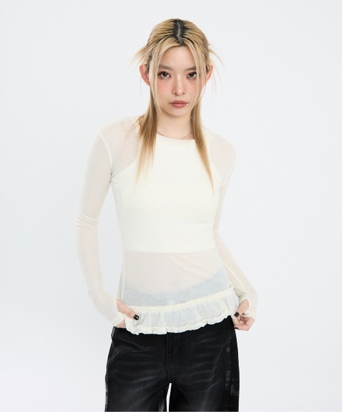 Clum(クルム)の「裾フリルシアーカットソー(Tシャツ/カットソー・レディース・キナリ/グレー/ブラウン・SMALL/MEDIUM)」の4枚目の写真