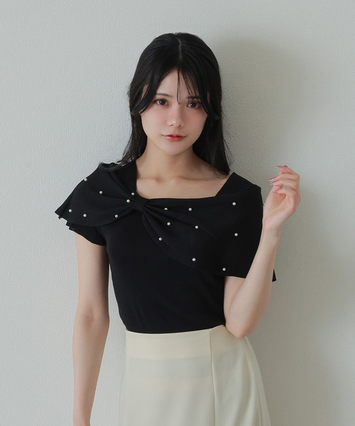 M DOLLY(エムドリー)の「ribbon pearl french sleeve tops/リボンパールフレンチスリーブトップス(ニット/セーター・レディース・ブラック/アイボリー/ピンク・M/S)」の16枚目の写真