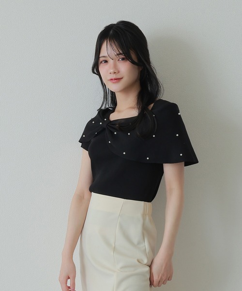 M DOLLY(エムドリー)の「ribbon pearl french sleeve tops/リボンパールフレンチスリーブトップス(ニット/セーター・レディース・ブラック/アイボリー/ピンク・M/S)」の18枚目の写真