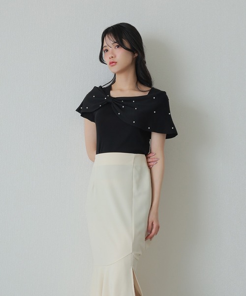 M DOLLY(エムドリー)の「ribbon pearl french sleeve tops/リボンパールフレンチスリーブトップス(ニット/セーター・レディース・ブラック/アイボリー/ピンク・M/S)」の19枚目の写真