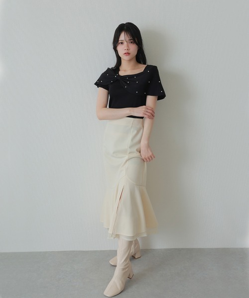M DOLLY(エムドリー)の「ribbon pearl french sleeve tops/リボンパールフレンチスリーブトップス(ニット/セーター・レディース・ブラック/アイボリー/ピンク・M/S)」の20枚目の写真