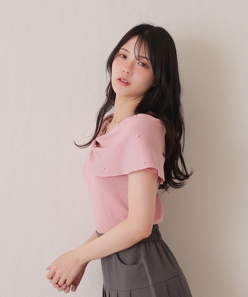 M DOLLY(エムドリー)の「ribbon pearl french sleeve tops/リボンパールフレンチスリーブトップス(ニット/セーター・レディース・ブラック/アイボリー/ピンク・M/S)」の10枚目の写真
