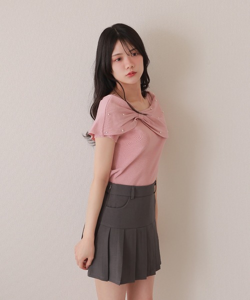 M DOLLY(エムドリー)の「ribbon pearl french sleeve tops/リボンパールフレンチスリーブトップス(ニット/セーター・レディース・ブラック/アイボリー/ピンク・M/S)」の12枚目の写真