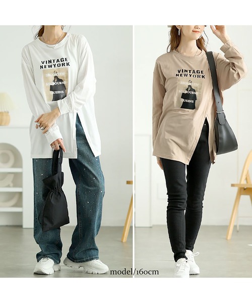 GOLDJAPAN(ゴールドジャパン)の「斜めスリットロゴプリントロンT【大きいサイズ対応】(Tシャツ/カットソー・レディース・ベージュ/ホワイト・LL/3L/4L)」の7枚目の写真