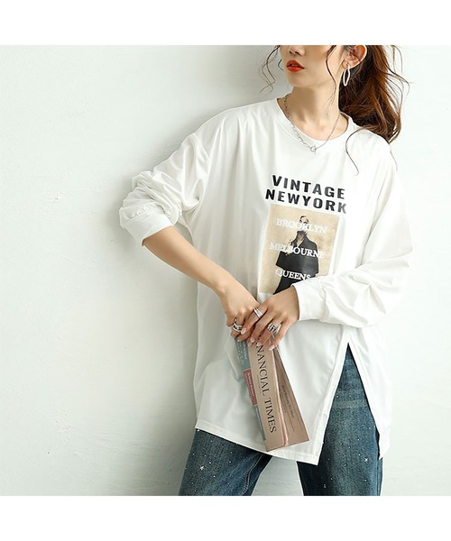 GOLDJAPAN(ゴールドジャパン)の「斜めスリットロゴプリントロンT【大きいサイズ対応】(Tシャツ/カットソー・レディース・ベージュ/ホワイト・LL/3L/4L)」の10枚目の写真