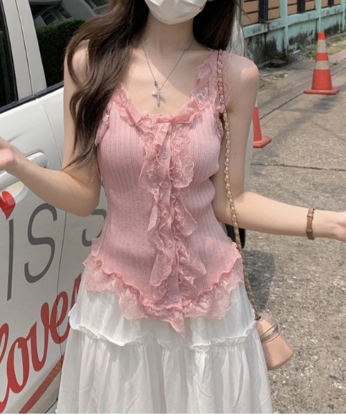 gossip!ロサンゼルス(ゴシップロサンゼルス)の「Y2K スクエアネックレースタンクトップ(Tシャツ/カットソー・レディース・ブラック/オフホワイト/グリーン/ピンク・FREE)」の17枚目の写真