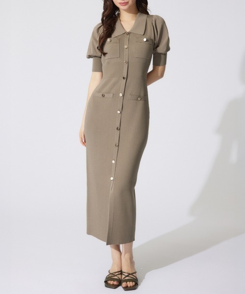 セール】パフスリーブニットタイトワンピース 半袖 夏服 サマー