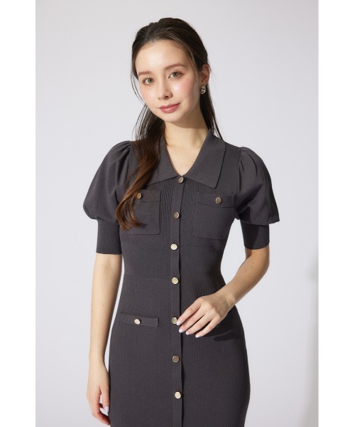 【未使用品】rienda ニットワンピース　パフスリーブ　ブラック　Sサイズ rienda | パフスリーブニットタイトワンピース (ワンピース