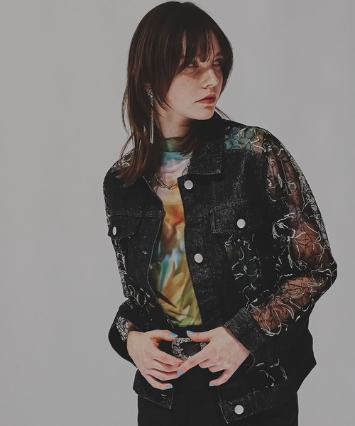 セール】デニムレースキリカエブルゾン(HARE)（デニムジャケット