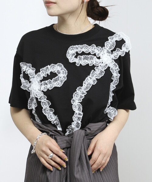 Firsthand（ファーストハンド）の「Firsthand/ファーストハンド オーガニックコットン レースコード リボンTシャツ / クルーネック フロントデザイン 半袖Tシャツ（Tシャツ/カットソー・レディース・ブラック/ホワイト/その他・FREE）」の16枚目の写真