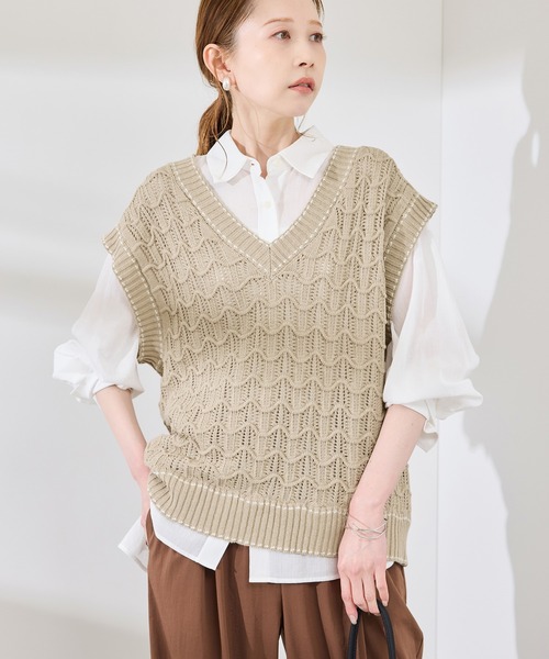 セール】配色ステッチ透かし編みニットベスト（ベスト）｜ROPE